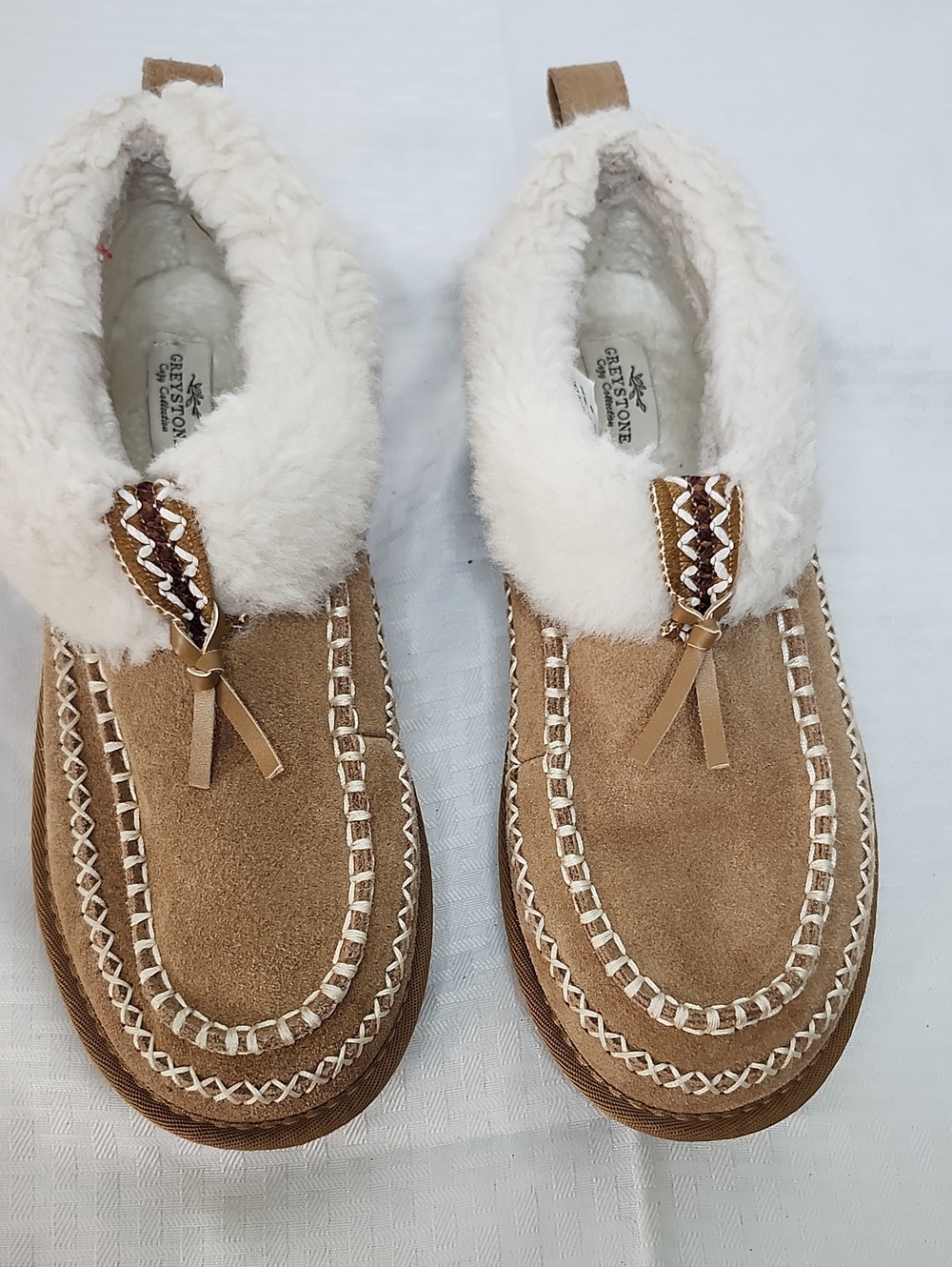 Greystone Suede Faux Fur Moccasin Slippers Booties NEW
